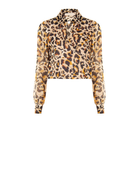 Blusa Balão em Georgette Estampada com Gotas de Lurex e Decote em V Transpassado Rinascimento
