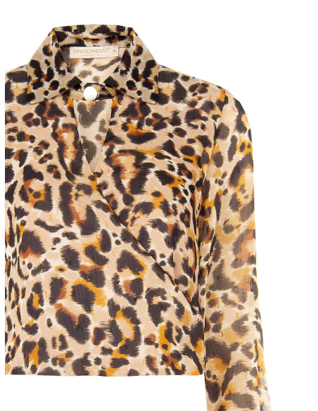 Blusa Balão em Georgette Estampada com Gotas de Lurex e Decote em V Transpassado Rinascimento