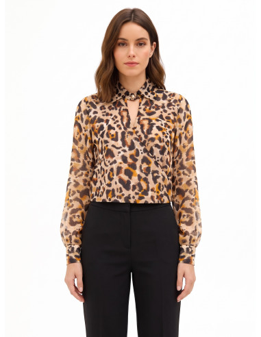 Blusa Balão em Georgette Estampada com Gotas de Lurex e Decote em V Transpassado Rinascimento