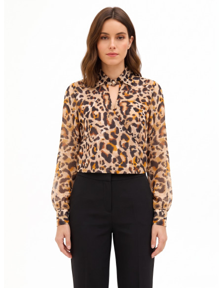 Blusa Balão em Georgette Estampada com Gotas de Lurex e Decote em V Transpassado Rinascimento