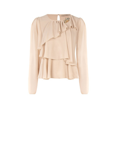 Blusa em georgette com folhos sobrepostos e alfinete decorativo Rinascimento