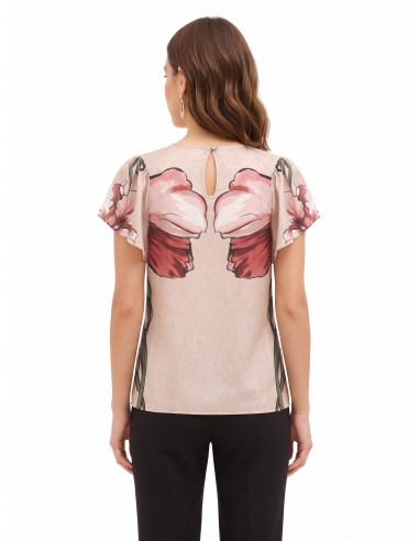 Blusa com maxiflores e mangas com folhos Rinascimento