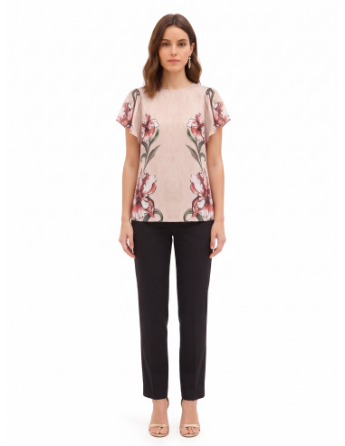 Blusa com maxiflores e mangas com folhos Rinascimento