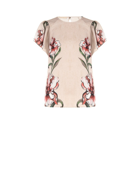 Blusa com maxiflores e mangas com folhos Rinascimento