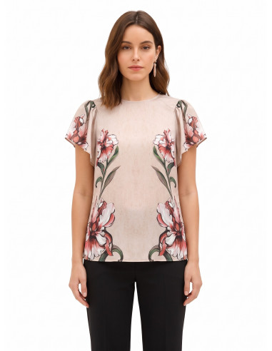 Blusa com maxiflores e mangas com folhos Rinascimento