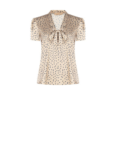 Blusa de cetim às bolinhas com decote em V e laço Rinascimento