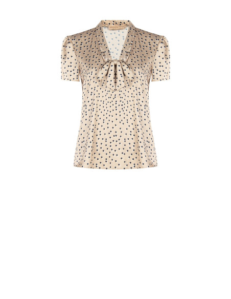 Blusa de cetim às bolinhas com decote em V e laço Rinascimento