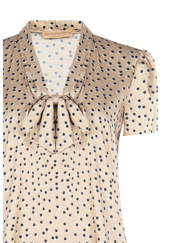 Blusa de cetim às bolinhas com decote em V e laço Rinascimento