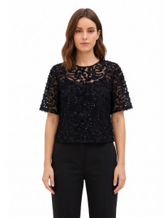 Blusa oversized em tule com bordados e lantejoulas Rinascimento