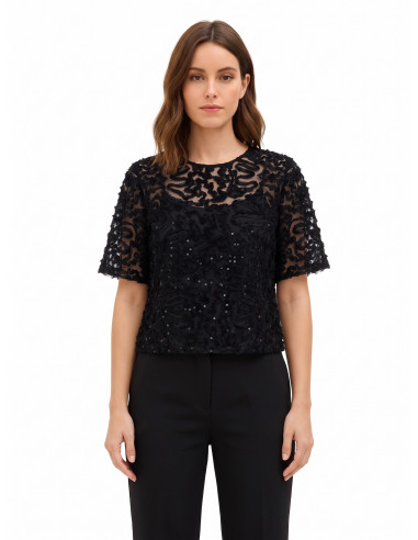 Blusa oversized em tule com bordados e lantejoulas Rinascimento