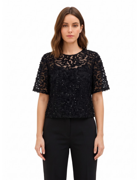 Blusa oversized em tule com bordados e lantejoulas Rinascimento