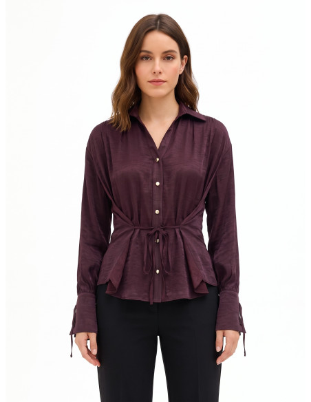 Camisa larga em mistura de viscose com efeito ligeiramente amarrotado e cordões Rinascimento