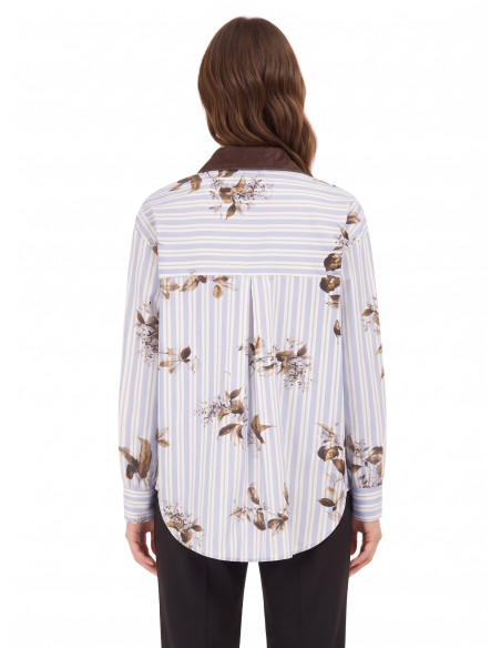 Camisa oversized de algodão às riscas com estampado floral e detalhes em veludo Rinascimento