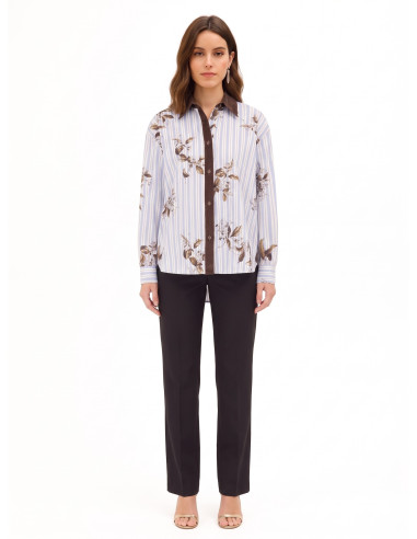 Camisa oversized de algodão às riscas com estampado floral e detalhes em veludo Rinascimento