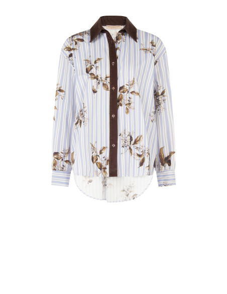 Camisa oversized de algodão às riscas com estampado floral e detalhes em veludo Rinascimento