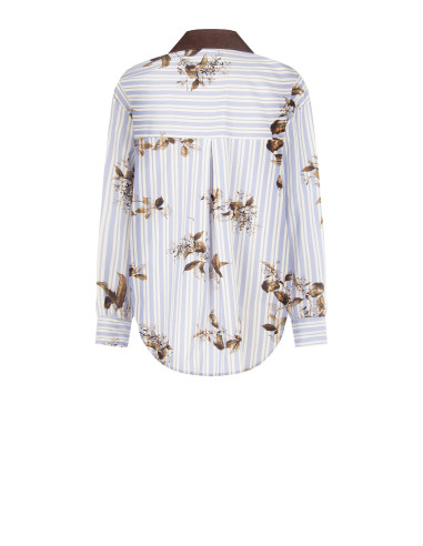 Camisa oversized de algodão às riscas com estampado floral e detalhes em veludo Rinascimento