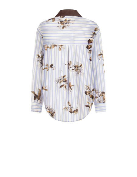 Camisa oversized de algodão às riscas com estampado floral e detalhes em veludo Rinascimento