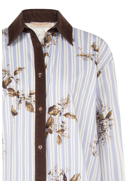 Camisa oversized de algodão às riscas com estampado floral e detalhes em veludo Rinascimento