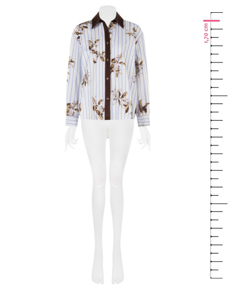 Camisa oversized de algodão às riscas com estampado floral e detalhes em veludo Rinascimento