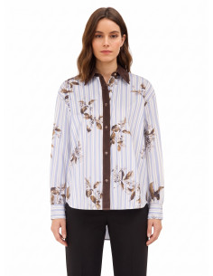 Camisa oversized de algodão às riscas com estampado floral e detalhes em veludo Rinascimento