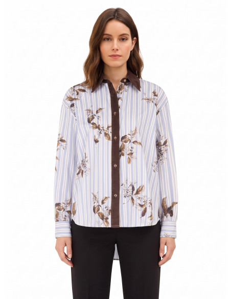 Camisa oversized de algodão às riscas com estampado floral e detalhes em veludo Rinascimento