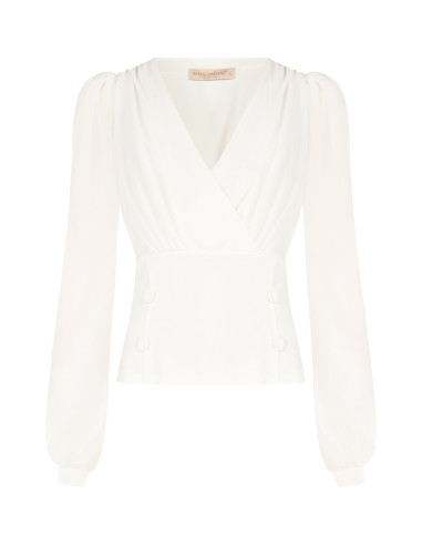 Blusa cintada em crepe scuba com decote em V transpassado e botões a condizer Rinascimento