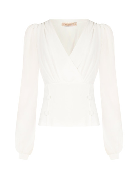 Blusa cintada em crepe scuba com decote em V transpassado e botões a condizer Rinascimento