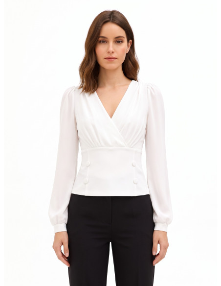 Blusa cintada em crepe scuba com decote em V transpassado e botões a condizer Rinascimento