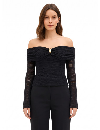 Camisola de croché perfurada com decote em coração e detalhe dourado Rinascimento