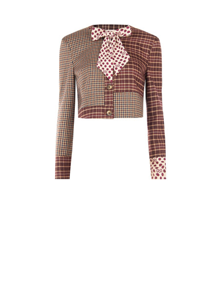 Casaco curto patchwork com laço e ombreiras Rinascimento