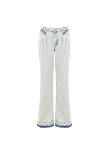 Jeans wide leg com duas pregas e bainha desfiada, lavagem extra clara Rinascimento