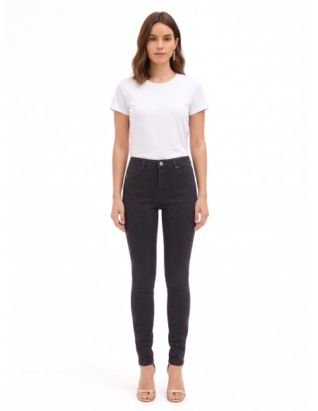 Jeans skinny elásticos revestidos de lantejoulas na parte da frente Rinascimento