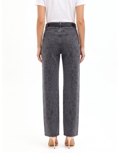 Jeans straight deslavados com padrão malhado em strass na parte da frente Rinascimento