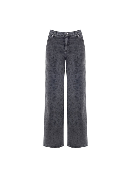 Jeans straight deslavados com padrão malhado em strass na parte da frente Rinascimento