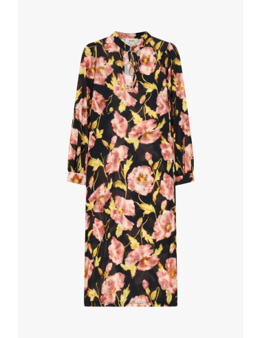 Vestido midi com estampado floral, mangas 3/4 e decote em V Dixie
