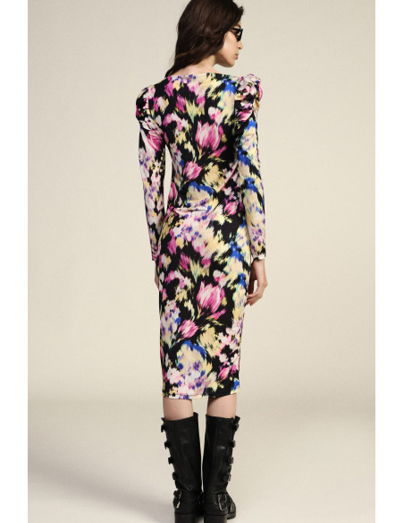 Vestido midi com estampado floral e ombros franzidos Dixie