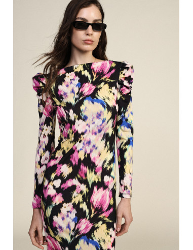 Vestido midi com estampado floral e ombros franzidos Dixie