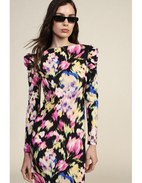 Vestido midi com estampado floral e ombros franzidos Dixie