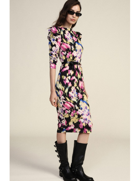 Vestido midi com estampado floral e ombros franzidos Dixie