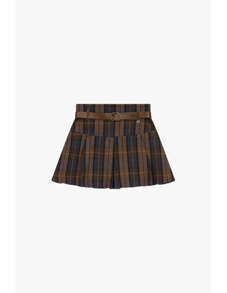 Saia curta plissada com cinto largo e padrão tartan Dixie