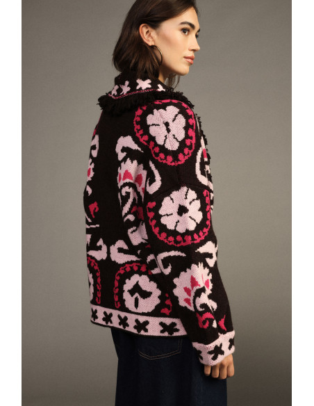 Cardigan com padrão jacquard, franjas e mangas compridas Dixie - Bordeaux
