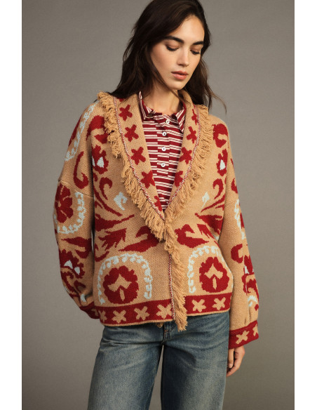 Cardigan de fantasia jacquard com franjas e mangas compridas Dixie - Bege camelo
