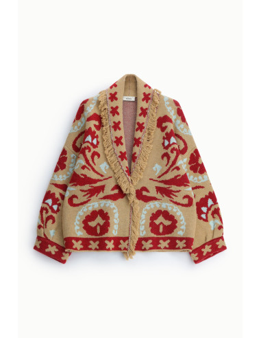 Cardigan de fantasia jacquard com franjas e mangas compridas Dixie - Bege camelo