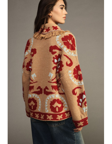 Cardigan de fantasia jacquard com franjas e mangas compridas Dixie - Bege camelo