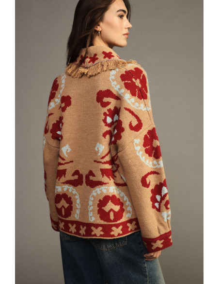 Cardigan de fantasia jacquard com franjas e mangas compridas Dixie - Bege camelo