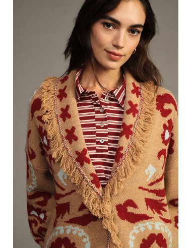 Cardigan de fantasia jacquard com franjas e mangas compridas Dixie - Bege camelo