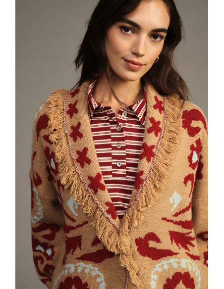 Cardigan de fantasia jacquard com franjas e mangas compridas Dixie - Bege camelo