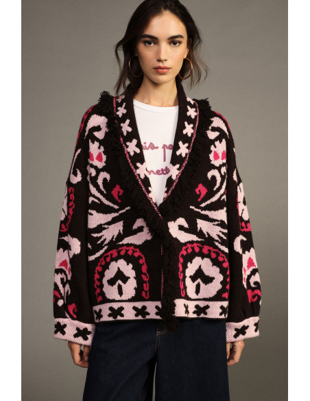 Cardigan com padrão jacquard, franjas e mangas compridas Dixie - Bordeaux
