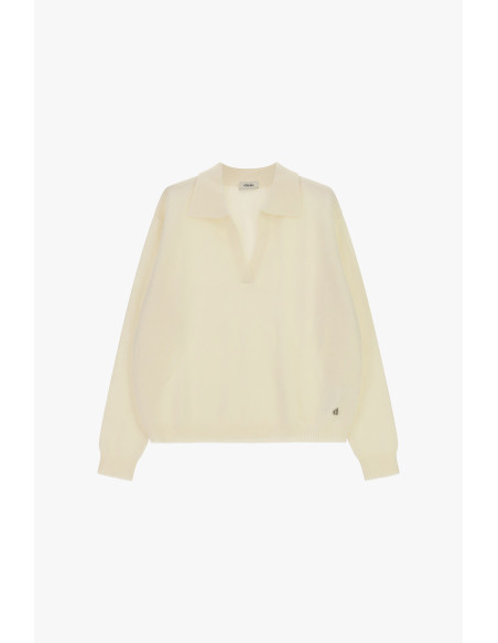 Camisola de gola redonda com gola e decote em V Dixie - Branco marfim