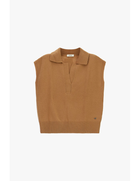 Camisola Sem Mangas com Gola Polo e Bainha Canelada Dixie - Bege Camel